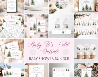 Christmas Baby Shower Bundle: Pink Bow, Holiday Trees invites, Canva Template WB22