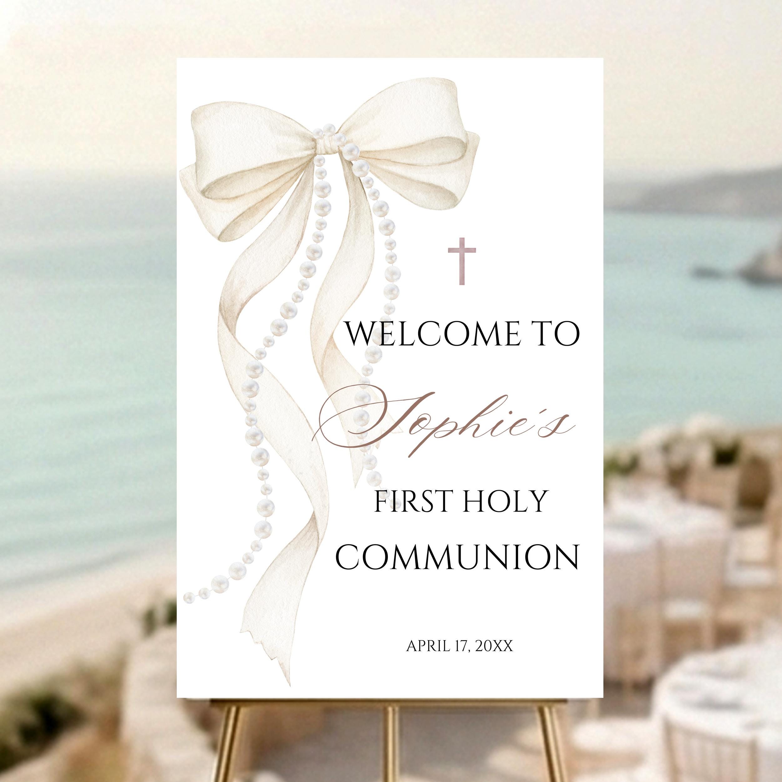 First Communion Welcome Sign First Holy Communion Welcome Sign Watercolor White Bow and Pearls ...