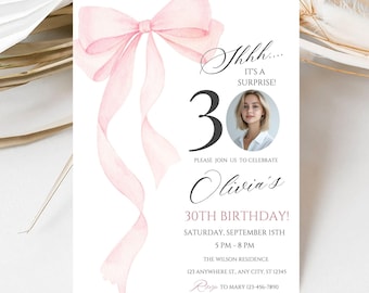 Surprise 30th Birthday Photo Invitation for Women, Watercolor Pink Bow Coquette Birthday Printable Invitation, Editable Canva Template
