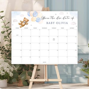 Ours en peluche baby shower Due Date calendrier signe aquarelle imprimable ours jeu devinez la date de naissance du bébé modèle toile en téléchargement numérique