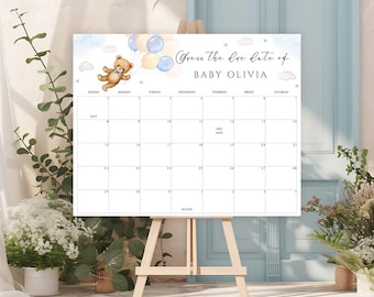 Teddy Bear Baby Shower Due Date Calendar: Watercolor Canva Template (Digital Download)