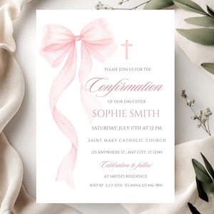 Blush Rosa Schleife Erste Heilige Konfirmation Einladung Aquarell Elegant Taufe Einladen Mädchen Kommunion einladen Druckbare Canva Vorlage