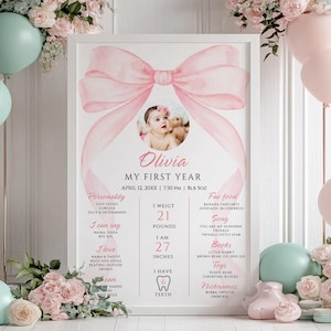 Affiche photo pour la première année de bébé avec noeud rose Modèle de toile modifiable pour le 1er anniversaire du premier anniversaire d'une fille