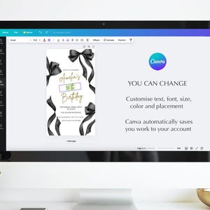May include: A black and white birthday invitation with a black bow and the text "Amelia's 30th Birthday" in gold lettering. The invitation is displayed on a computer screen with the Canva logo in the top right corner.