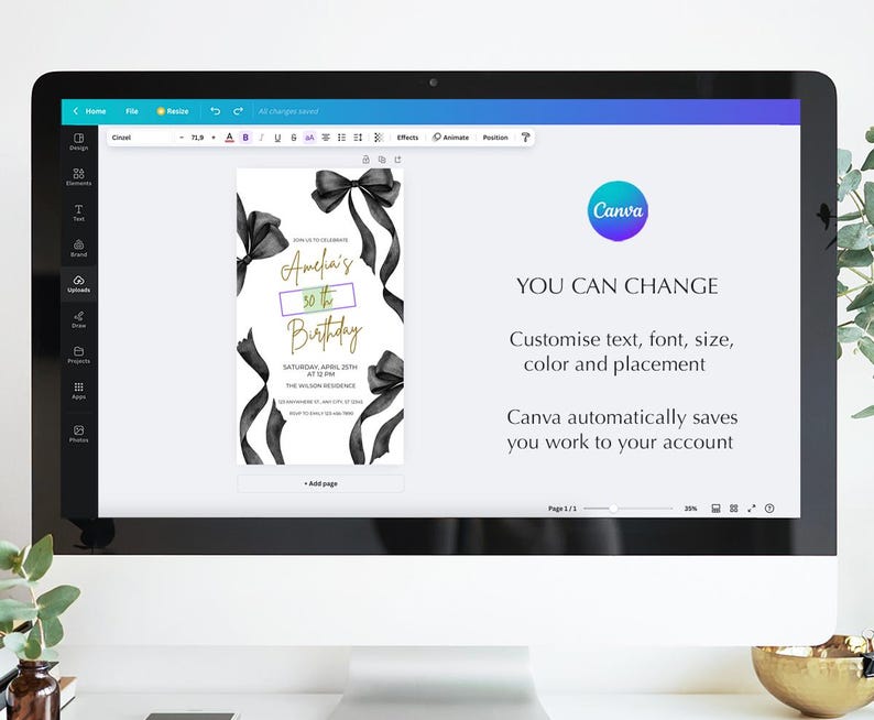 May include: A black and white birthday invitation with a black bow and the text "Amelia's 30th Birthday" in gold lettering. The invitation is displayed on a computer screen with the Canva logo in the top right corner.