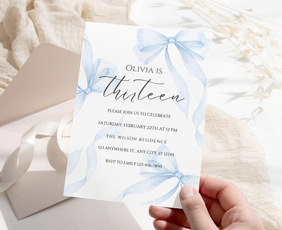 Blue Coquette Bow 13th Birthday Invitation: Editable Canva Template