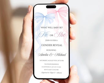 Bow Gender Reveal Animated Invitation: Pink & Blue, He or She (Editable Canva)