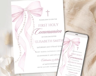 May include: A First Holy Communion invitation with a watercolor pink bow and pearl accents. The invitation includes the text "First Holy Communion" and details for Elisabeth Smith's celebration, displayed on a card and a smartphone.