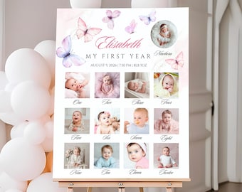 Baby Birthday Monthly Milestone Sign: First Year Butterfly Photo Poster, Canva Template BB25