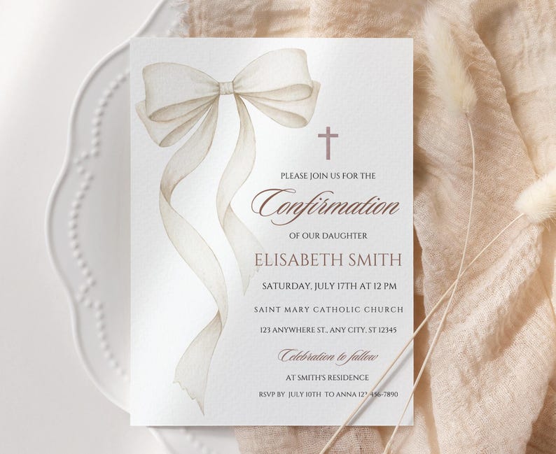 Watercolor Confirmation Invitation Template Elegant White Bow Printable ...