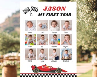 Fast One 1st Birthday Photo Sign, Monthly Milestone Board, Editable Race Car Party Poster, Printable Canva Template FO32