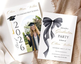 Black Bow Graduation Invitation 2026, Coquette Watercolor Bow Party Invitation, Editable Canva Template, Digital Download