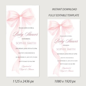 May include: A pink watercolor bow with a white background. The text "Please join us for a Baby Shower honoring Sophie Smith" is printed on the card. The date, time, location, and RSVP information are also included. The card is 1125 x 2436 pixels.