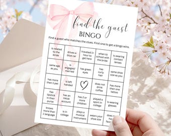 Pink Bow Find the Guest Bingo, Coquette Bridal Shower Game, Editable Canva Template Instant Download