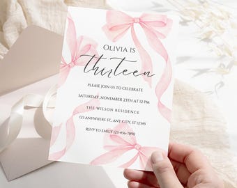 Pink Coquette 13th Birthday Invitation: Watercolor Bow Design (Digital Download)