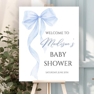 Blaue Schleife Baby Shower Willkommensschild Vorlage Kokette Baby Shower Benutzerdefiniertes Zeichen Aquarell Bogen Willkommen Poster Druckbar Bearbeitbar Canva Digital