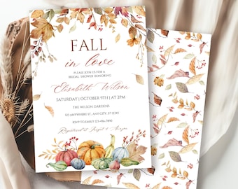 Puede incluir: Una invitación a una despedida de soltera con temática otoñal. La tarjeta muestra el texto "FALL in love" y los detalles de la despedida de Elisabeth Wilson. Está decorada con calabazas y hojas de acuarela, y tiene un reverso estampado a juego.