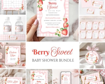 May include: A pink and white gingham pattern baby shower bundle with a strawberry theme. The bundle includes a welcome sign, invitations, food labels, water bottle labels, a custom sign, a thank you tag, and baby shower games. The text on the invitation reads "Someone Berry Sweet is on the way!" and "Olivia & William".