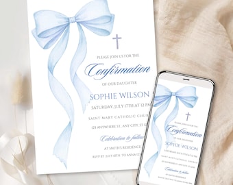 Blue Bow Confirmation Invitation Template Watercolor Elegant Catholic Invite Religious Confirmation Card Printable Canva Instant Download