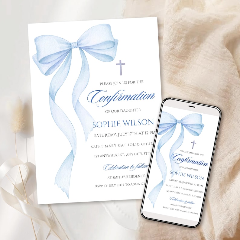 Blue Bow Confirmation Invitation Template Watercolor Elegant Catholic ...