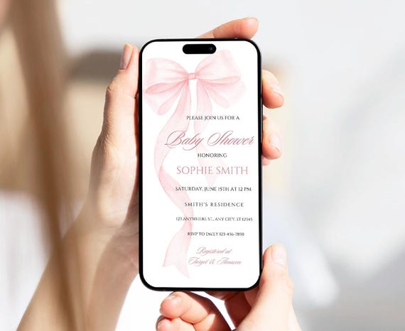 Blush Pink Bow Baby Shower Animated Mobile Invitation Editable Canva Template PB15