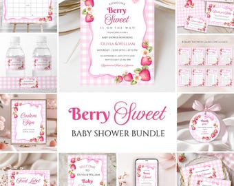 Strawberry Baby Shower Bundle: Pink Gingham, Editable Canva Template