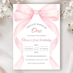 Girls Just Wanna Be One Pink Bow 1st Birthday Invitation Watercolor Coquette Bow Invite Girls First Birthday Elegant Invite Canva Template