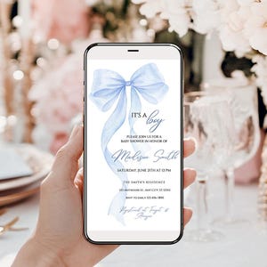 Invito mobile animato per baby shower con fiocco blu Baby shower per bambini Blue Coquette Watercolor Bow Download digitale modificabile Modello Canva
