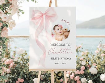 Pink Bow 1st Birthday Welcome Photo Sign Printable Watercolor Coquette Bow 1st Birthday Girl Welcome Poster Custom Sign Canva Template PB15