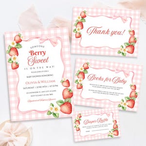 Noeud rose quelqu'un Berry Sweet Baby Shower Invitation modèle imprimable Coquette aux fraises livres esthétiques pour bébé tirage au sort sur toile modifiable