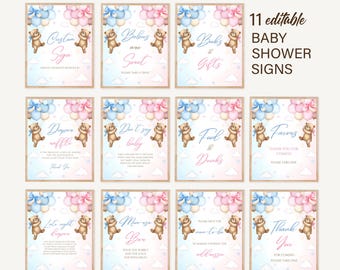 Teddy Bear Gender Reveal Custom Sign, He or She Baby Shower Poster, Neutral Party Decor, Editable Canva Template Digital Download GB34