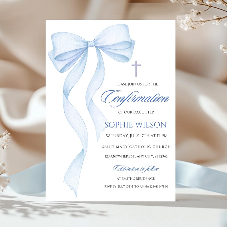 Blue Bow Confirmation Invitation Template Watercolor Elegant Catholic ...