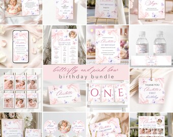 Pink Bow & Butterfly 1st Birthday Invitation Bundle, Coquette Watercolor Bow, Editable Canva Template Printable Digital Download  BAB31