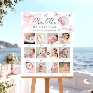 Rosa Schleife Schmetterling Geburtstag Foto Poster Erstes Jahr Meilensteintafel Foto Collage Poster Aquarell Kokette Schleife Bearbeitbare Canva Vorlage