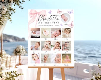 May include: A personalized baby's first year photo display. The sign features a pink bow, butterflies, and the name "Charlotta." It includes twelve photos, one for each month, and the text "MY FIRST YEAR" and the date "AUGUST 21, 2025 7:30 PM | BLB 5OZ".