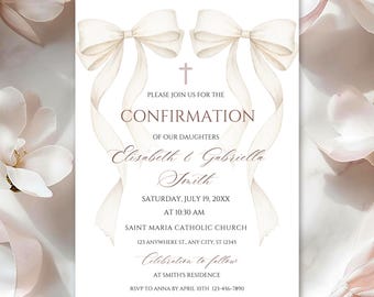 Ivory Bows Confirmation Invitation for Two Girls, Elegant Catholic Editable Canva Template, Printable Religious Card Instant Download