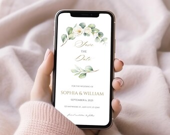 Geanimeerde huwelijksuitnodiging met aquarelrozen: Canva-sjabloon met groene save-the-date WR12