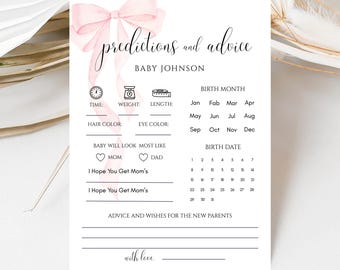 Pink Bow Baby Shower Game, Prediction and Advice Card, Editable Canva Template Instant Download