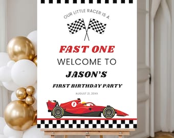 Fast One Birthday Welcome Sign, Editable 1st Birthday Boy Poster, Canva Template Digital Download FO32
