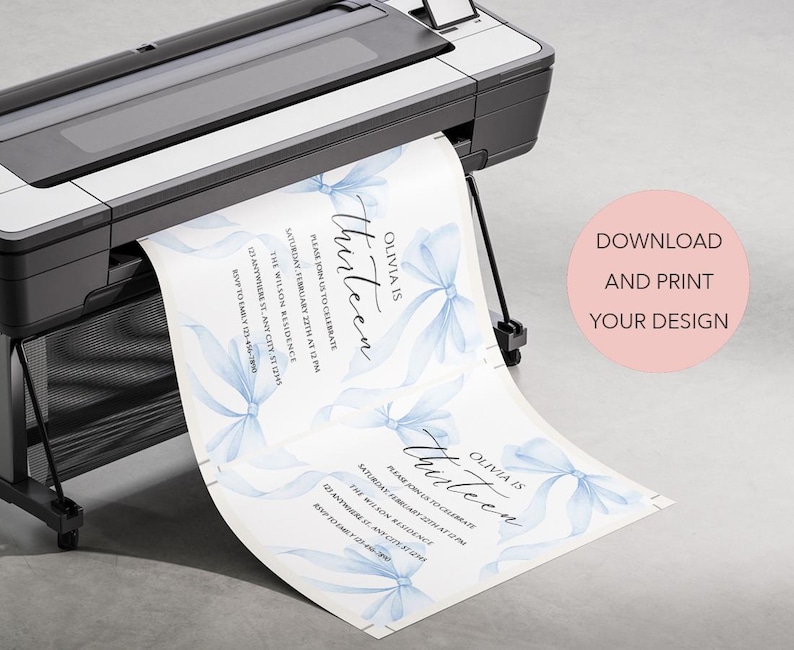 May include: Printable invitation for a 13th birthday party with a blue watercolor bow design. The invitation says "Olivia is Thirteen" and includes the date, time, and location of the party. It also includes the text "Please join us to celebrate" and "RSVP to Emily 123-456-7890".