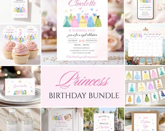 Princess Birthday Bundle Invitation Watercolor Royal Girl Pink Dress Canva Template Digital Download P17