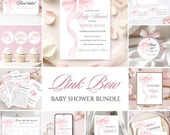 May include: Pink bow baby shower printable bundle with a pink bow design. Includes invitations, thank you cards, food labels, bingo cards, a welcome sign, a custom sign, a calendar, a cupcake topper, and chocolate bar wrappers.