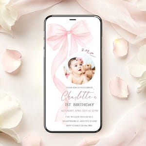 Rosa Schleife 1. Geburtstag Foto Animierte Telefon Einladung Aquarell Kokette Schleife Erste Geburtstag Mädchen Mobile Canva Einladung Vorlage Digital