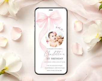 Pink Bow 1st Birthday Photo Animated Phone Invitation Watercolor Coquette Bow First Birthday Girl Mobile Canva Template Digital PB15
