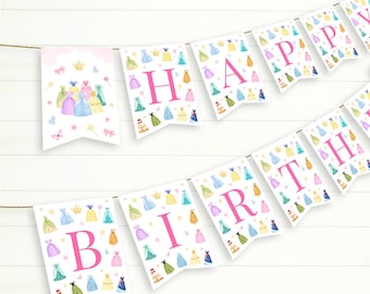 May include: A pink and white banner with the words "Happy Birthday" spelled out in pink letters. Each letter is surrounded by a pattern of colorful princess dresses.