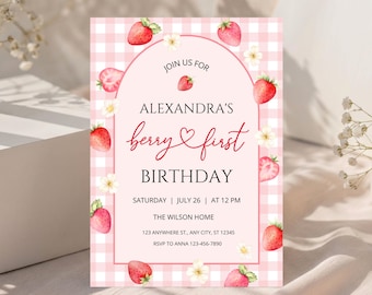 Berry First Birthday Invitation, Editable 1st Birthday Girl Invite, Printable Canva Template Digital Download B33