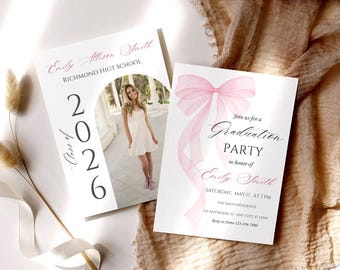 Pink Bow Graduation Photo Invitation 2026 Graduation Party Cards Watercolor Coquette Bow Invite Canva Template Digital Download