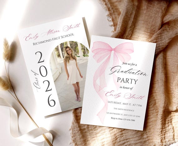 Pink Bow Graduation Photo Invitation 2026 Graduation Party Cards Watercolor Coquette Bow Invite Canva Template Digital Download