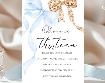 Editable Blue Leopard 13th Birthday Invitation, Coquette Bow Watercolor Teen Girl Invite, Printable Canva Template Digital Download