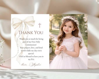 First Holy Communion Thank You Card, White Bow and Pearls Editable Canva Template Digital Download